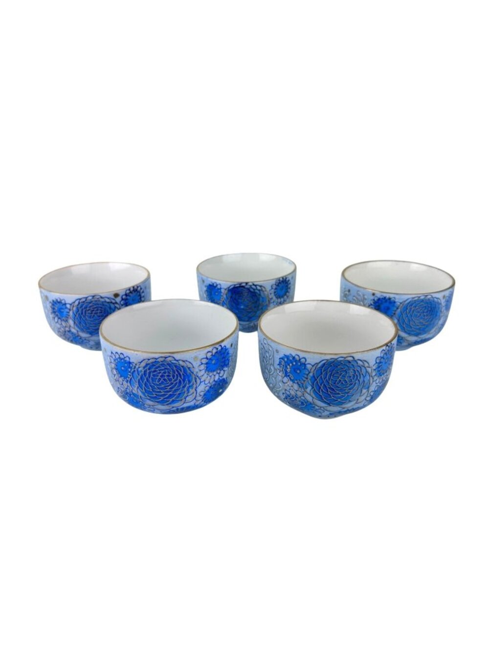 Vintage Japan Hand Painted MCM Blue Gold Chrysanthemum Tea Sake Cup Set (5)